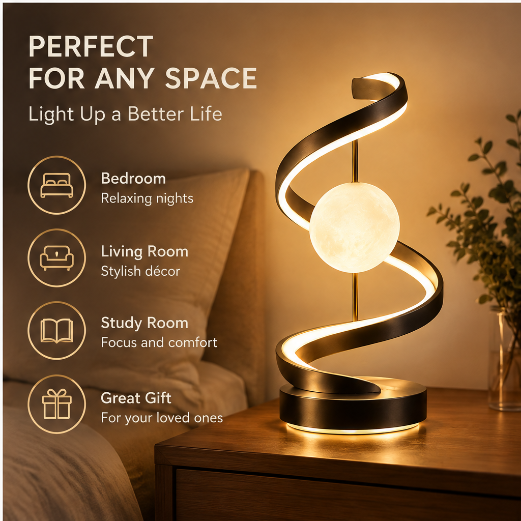 Modern Spiral Orb Table Lamp – Black Metal LED Sculptural Light