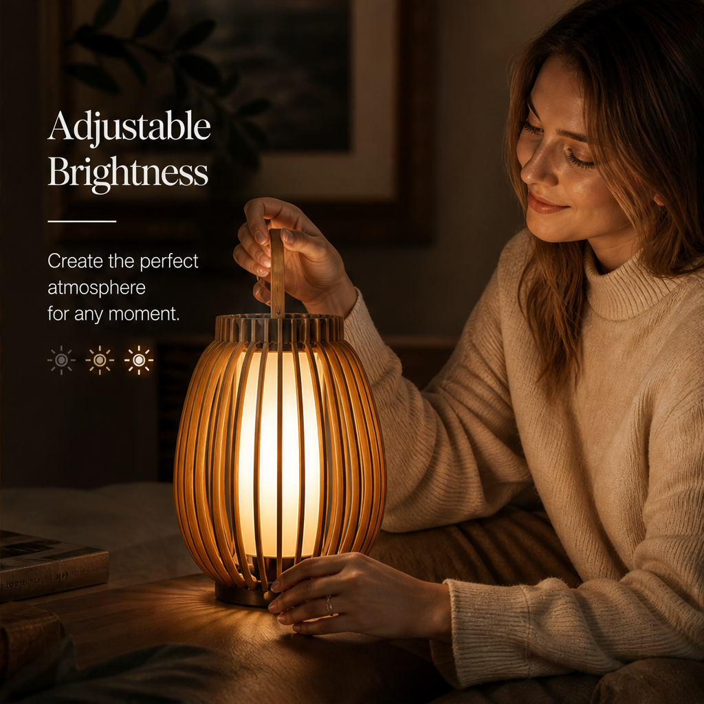 Wooden Lantern Table Lamp – Slatted Cage Design with Handle, Dimmable Ambient Light