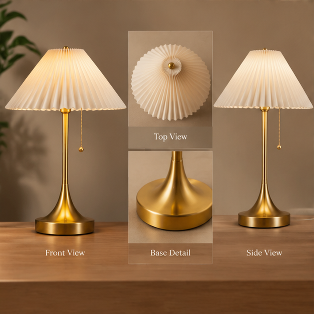 Pleated Shade Table Lamp – Gold Metal Base with Pull Chain, Warm Bedside Light