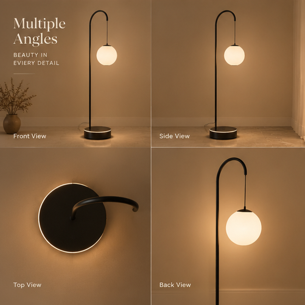 Arched Globe Floor Lamp – Glass Orb Pendant Light with Matte Black Frame & LED Ring Base