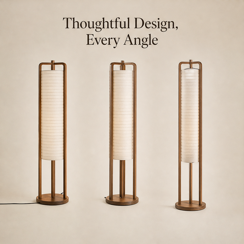 Solid Wood Lantern Floor Lamp – Tall Column Light with Handcrafted Ribbed Shade