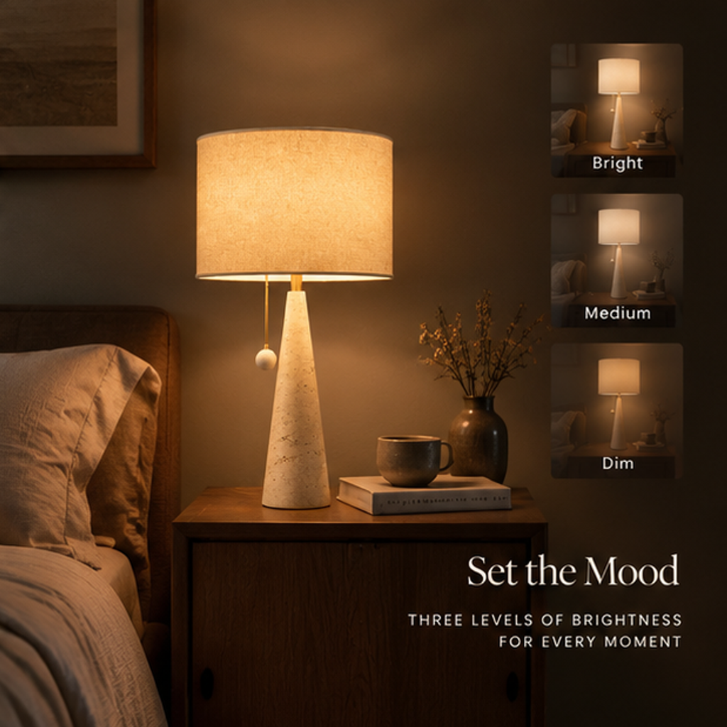Natural Stone Table Lamp – Cone Base with Linen Drum Shade & Pull Switch