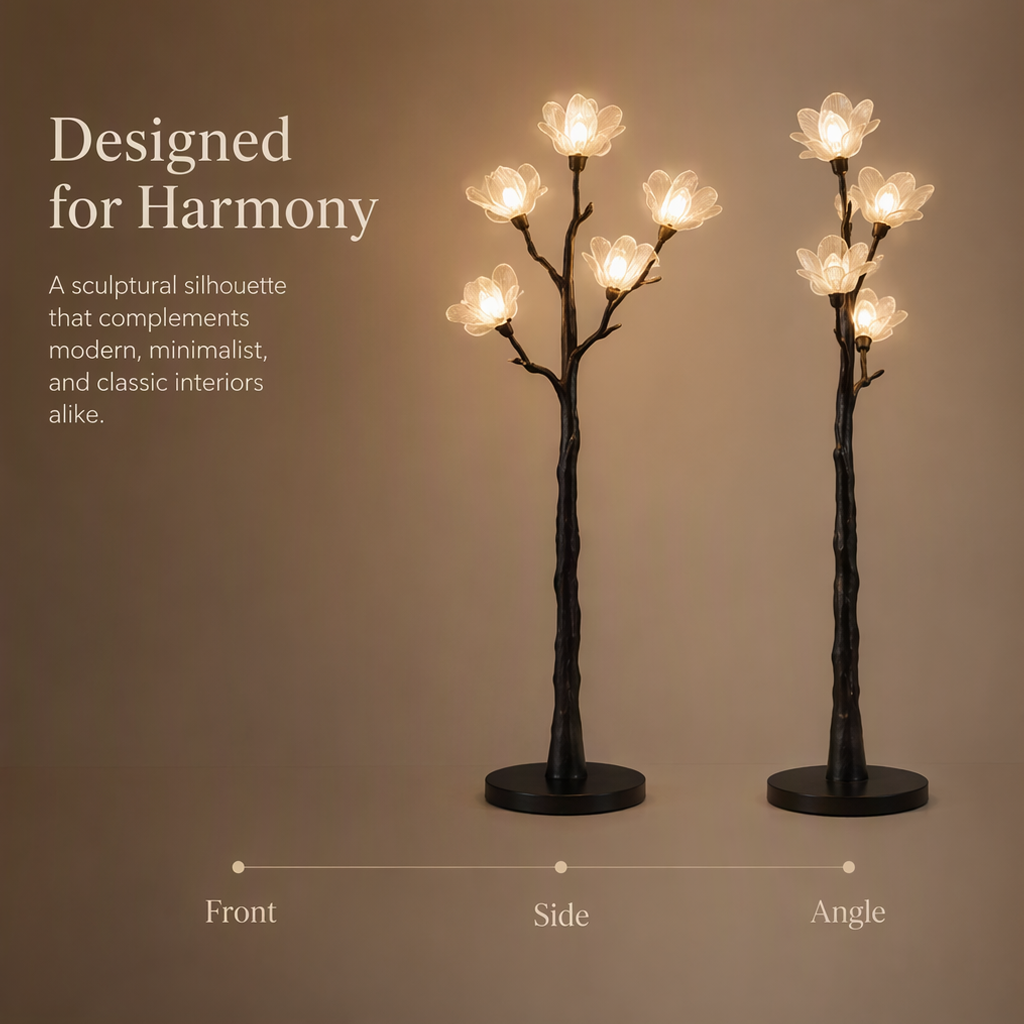 Magnolia Tree Floor Lamp – Sculptural Branch Light with 5 Blooming Flower Shades