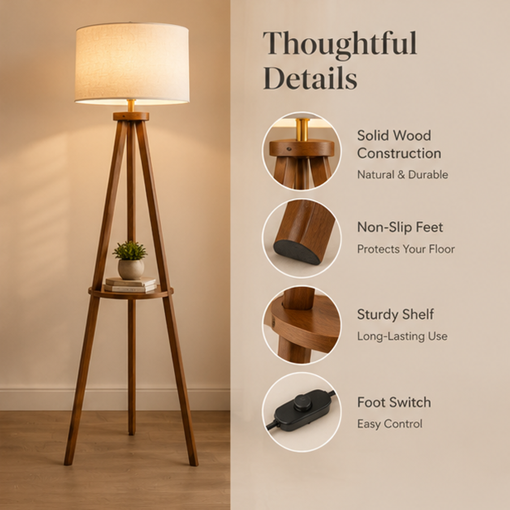 Wooden Tripod Floor Lamp with Shelf – Solid Wood Legs, Linen Drum Shade, Foot Switch