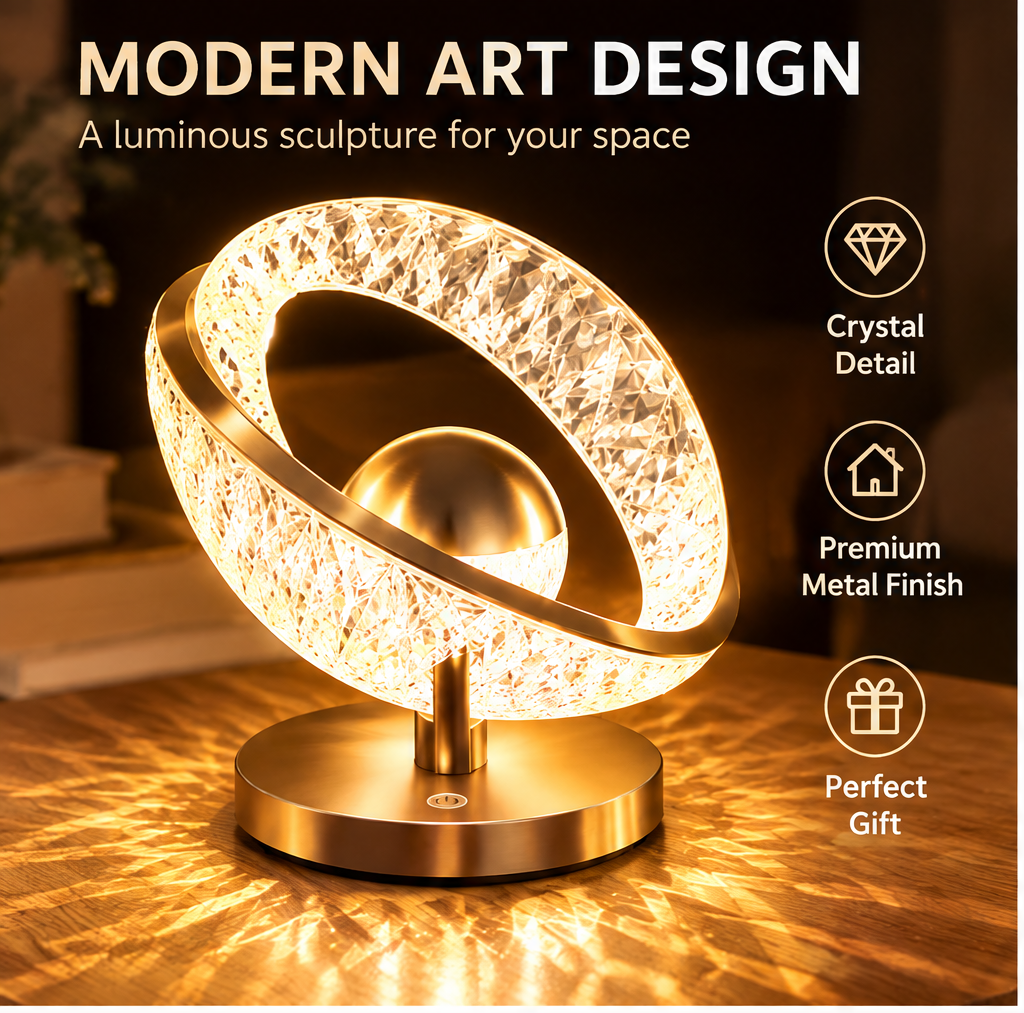 Crystal Ring Table Lamp – 360° Rotatable Touch Dimmable Light