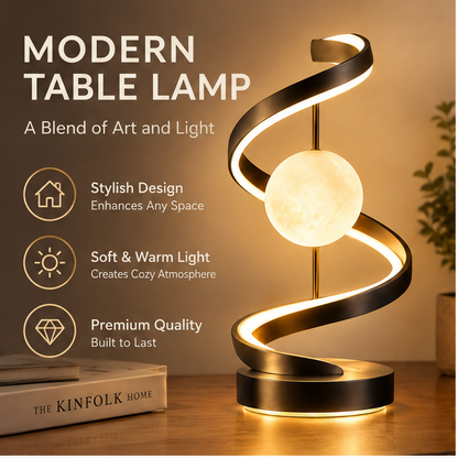 Modern Spiral Orb Table Lamp – Black Metal LED Sculptural Light
