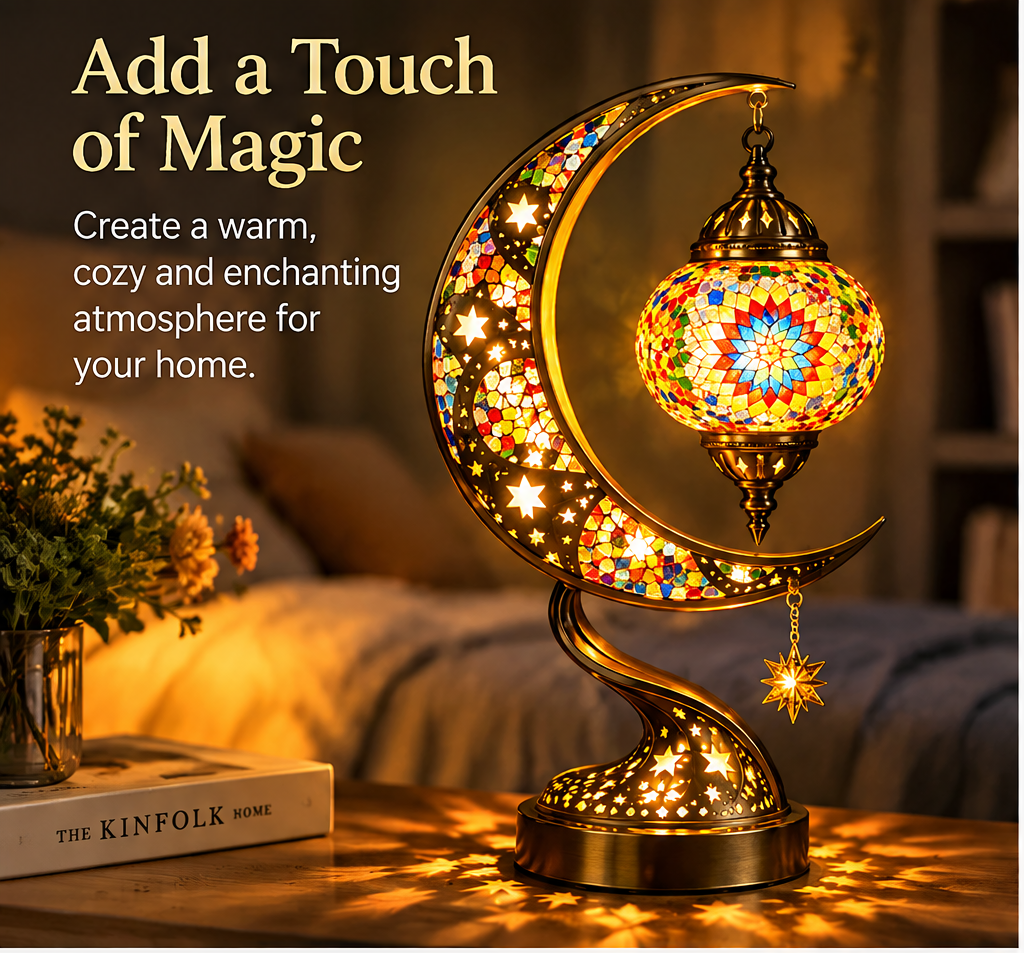 Mosaic Moon Table Lamp – Handcrafted Glass Crescent & Star Lamp