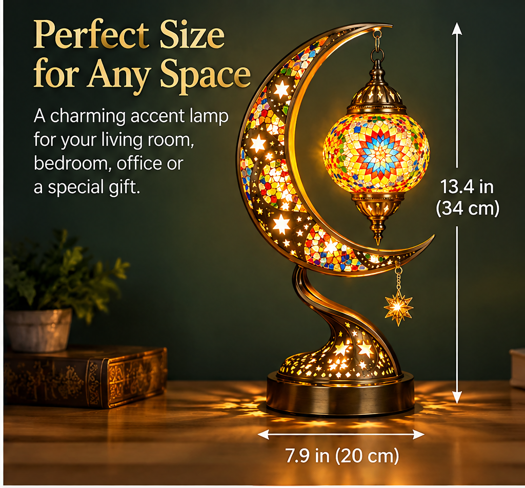 Mosaic Moon Table Lamp – Handcrafted Glass Crescent & Star Lamp