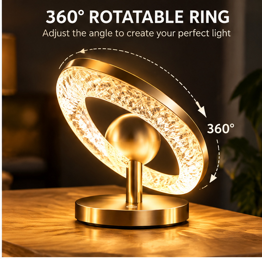 Crystal Ring Table Lamp – 360° Rotatable Touch Dimmable Light
