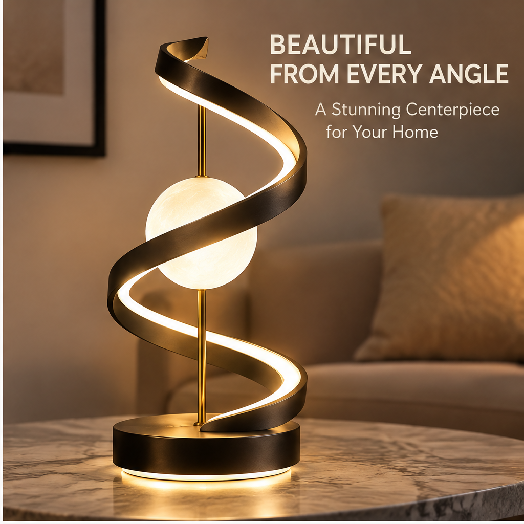 Modern Spiral Orb Table Lamp – Black Metal LED Sculptural Light