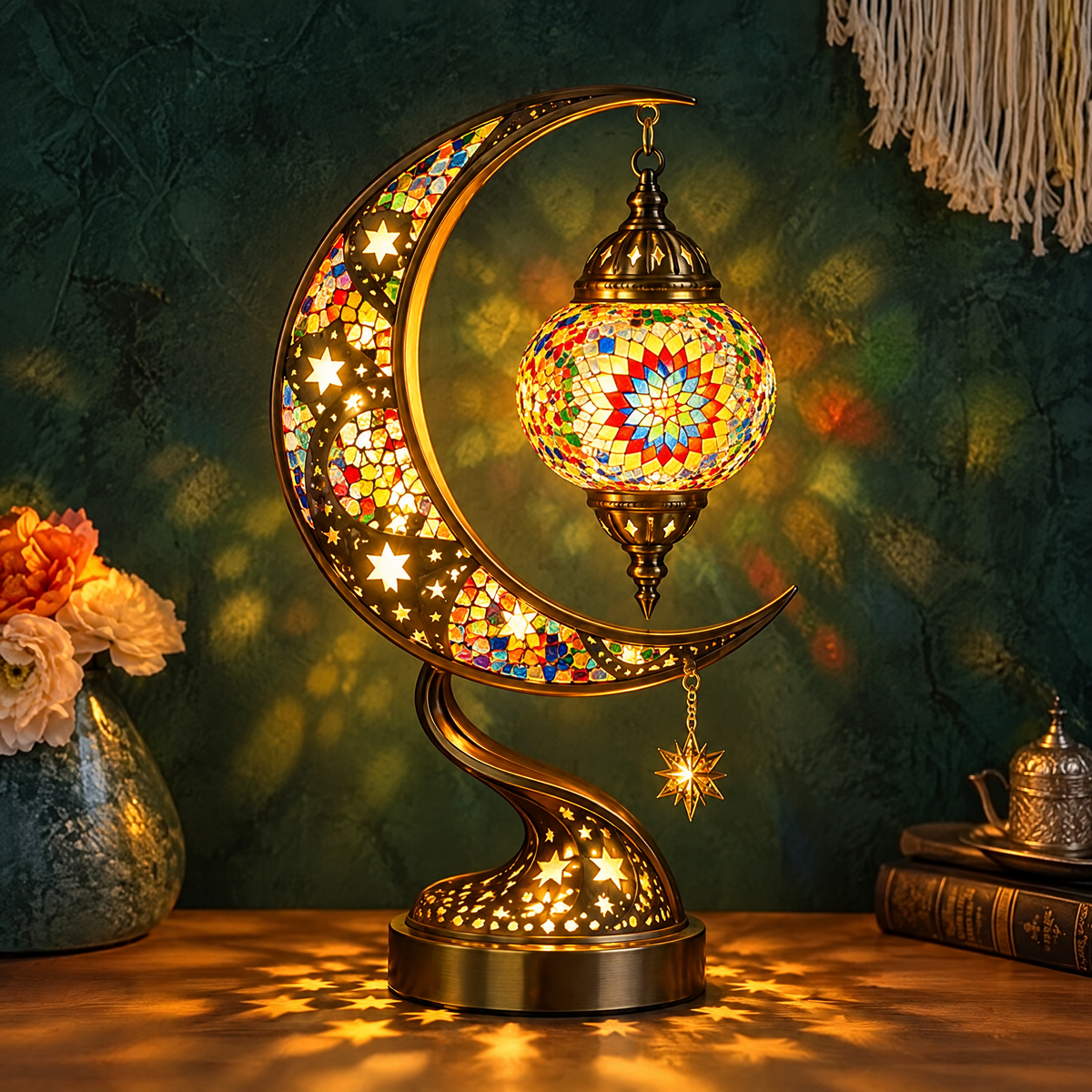 Mosaic Moon Table Lamp – Handcrafted Glass Crescent & Star Lamp