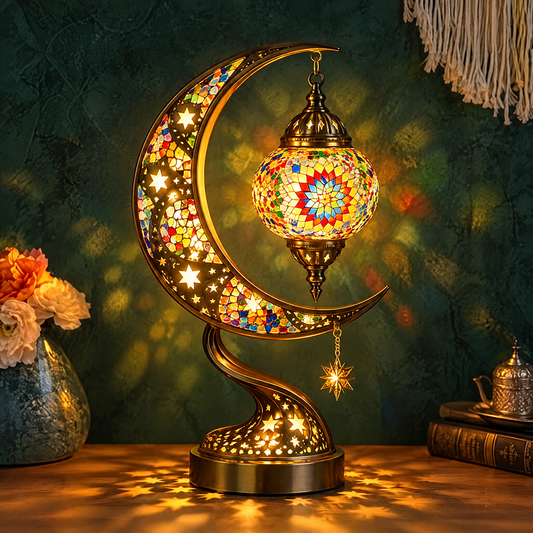 Mosaic Moon Table Lamp – Handcrafted Glass Crescent & Star Lamp