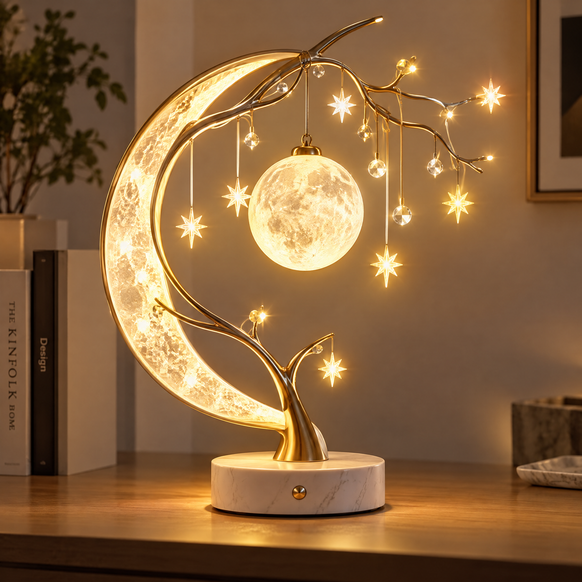 Crescent Moon Tree Lamp – Crystal & Star Decorative Night Light