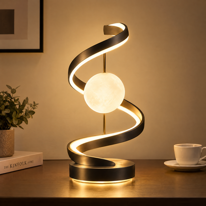 Modern Spiral Orb Table Lamp – Black Metal LED Sculptural Light