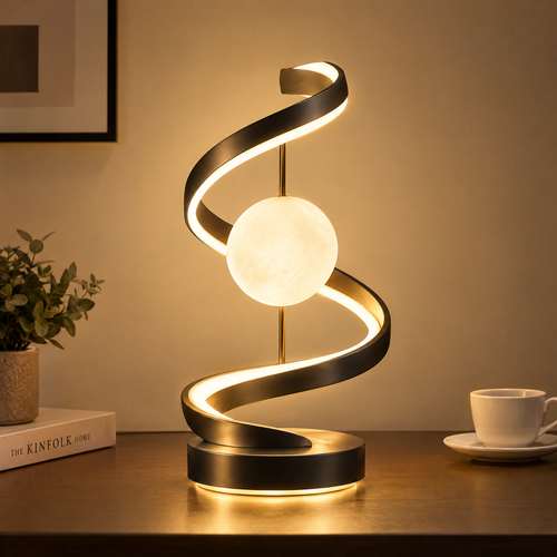 Modern Spiral Orb Table Lamp – Black Metal LED Sculptural Light