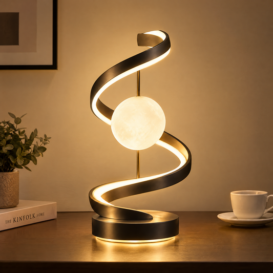 Modern Spiral Orb Table Lamp – Black Metal LED Sculptural Light