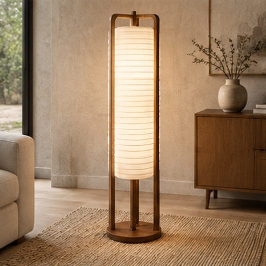 Solid Wood Lantern Floor Lamp – Tall Column Light with Handcrafted Ribbed Shade