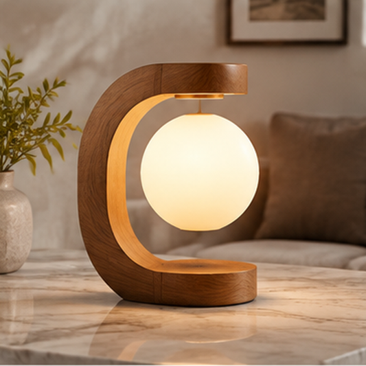 Wooden Crescent Globe Table Lamp – Solid Wood Arc with Glass Orb, Touch Dimmable