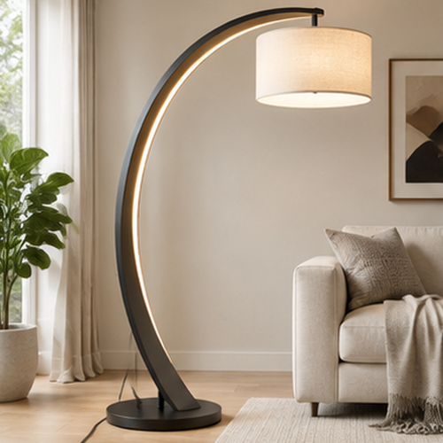 Modern Arc Floor Lamp – LED Light Strip Arc with Linen Drum Shade, Stepless Dimming