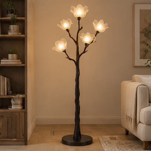 Magnolia Tree Floor Lamp – Sculptural Branch Light with 5 Blooming Flower Shades