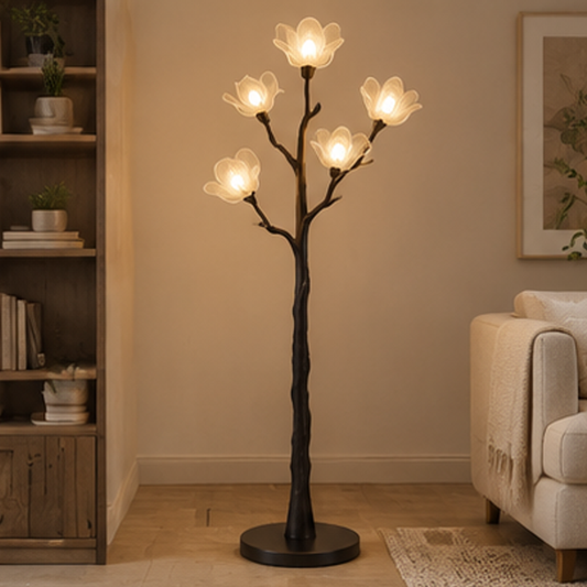 Magnolia Tree Floor Lamp – Sculptural Branch Light with 5 Blooming Flower Shades
