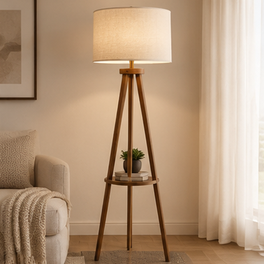 Wooden Tripod Floor Lamp with Shelf – Solid Wood Legs, Linen Drum Shade, Foot Switch