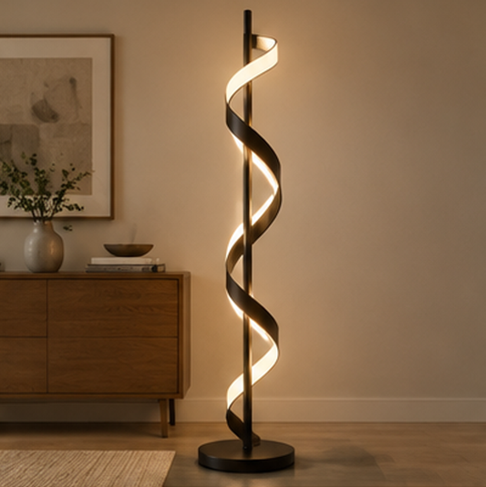 Modern Spiral LED Floor Lamp – Black Metal Ribbon Sculptural Light, Acrylic Shade