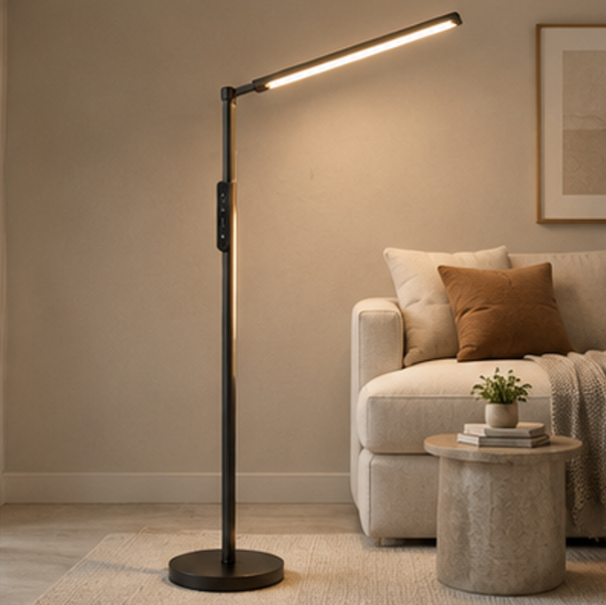 Modern LED Floor Lamp – Adjustable Height & Rotating Head, 3 Color Temperatures, Dimmable