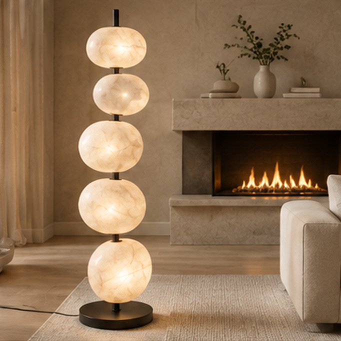 Alabaster Stone Floor Lamp – Stacked Orb Sculptural Light with Black Metal Base