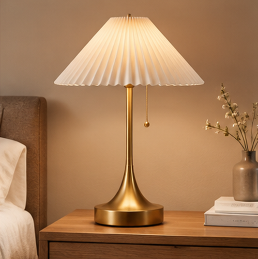 Pleated Shade Table Lamp – Gold Metal Base with Pull Chain, Warm Bedside Light