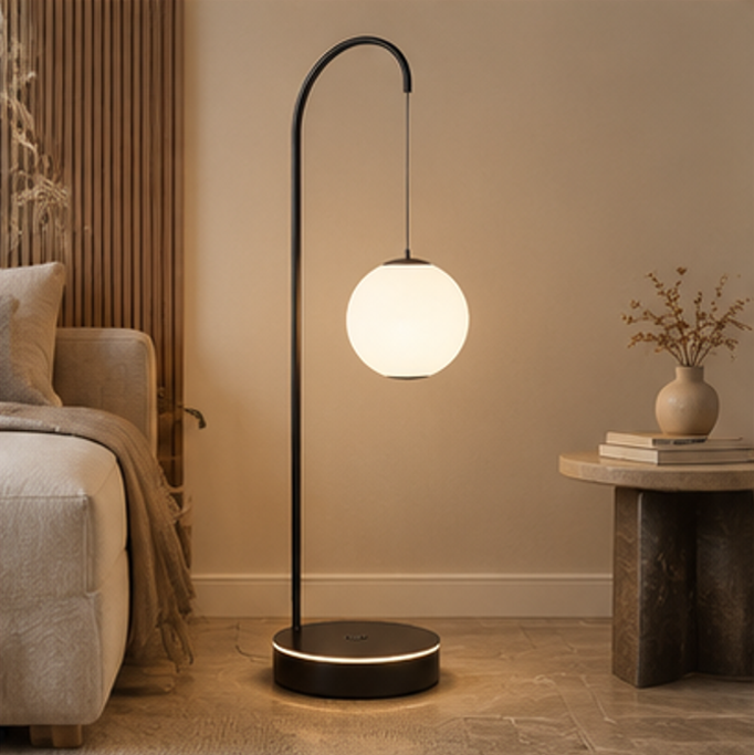 Arched Globe Floor Lamp – Glass Orb Pendant Light with Matte Black Frame & LED Ring Base