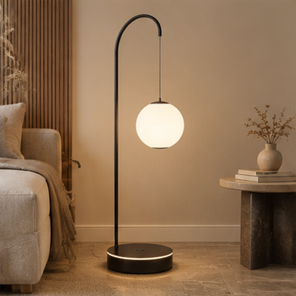 Arched Globe Floor Lamp – Glass Orb Pendant Light with Matte Black Frame & LED Ring Base
