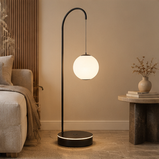 Arched Globe Floor Lamp – Glass Orb Pendant Light with Matte Black Frame & LED Ring Base