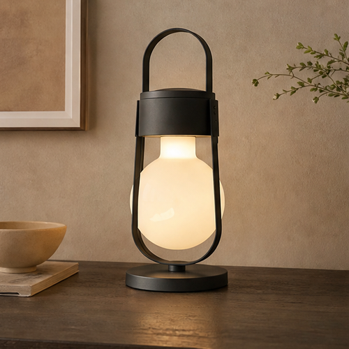 Modern Lantern Table Lamp – Rechargeable Cordless Metal & Frosted Glass Light