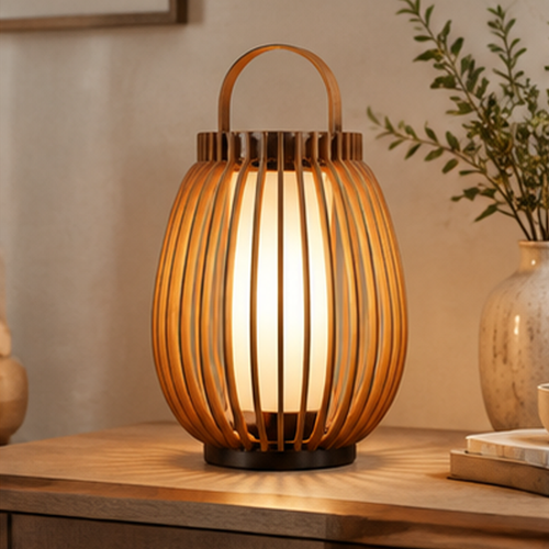 Wooden Lantern Table Lamp – Slatted Cage Design with Handle, Dimmable Ambient Light