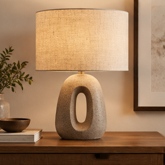 Stone Texture Table Lamp – Sculptural Open Oval Base with Linen Drum Shade
