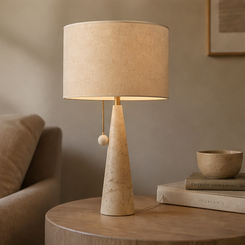 Natural Stone Table Lamp – Cone Base with Linen Drum Shade & Pull Switch