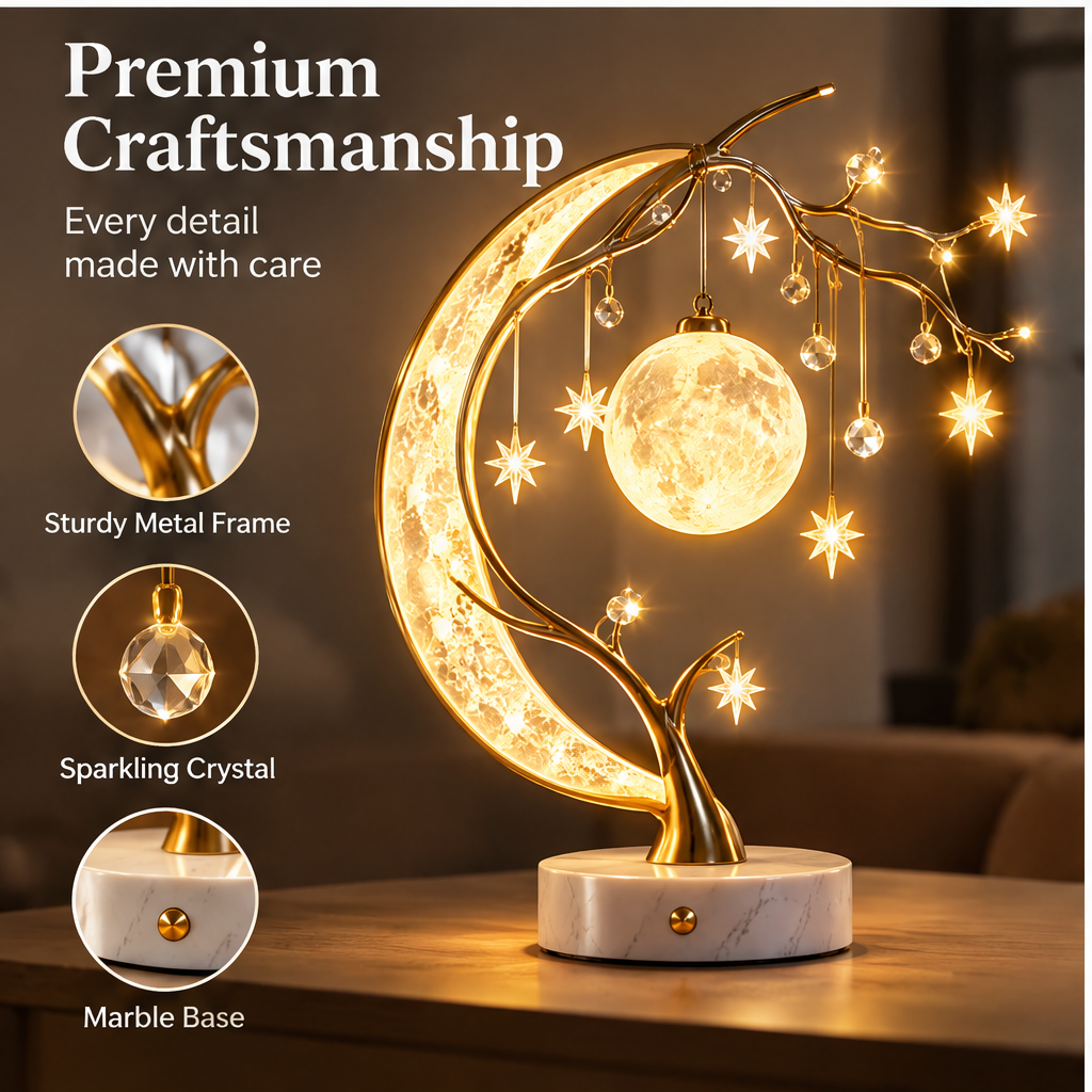 Crescent Moon Tree Lamp – Crystal & Star Decorative Night Light
