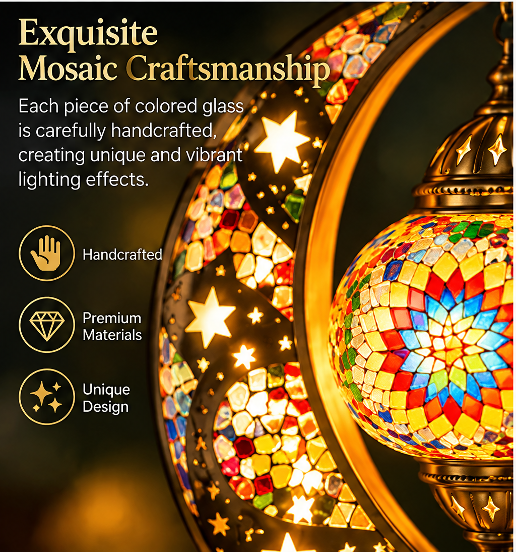Mosaic Moon Table Lamp – Handcrafted Glass Crescent & Star Lamp