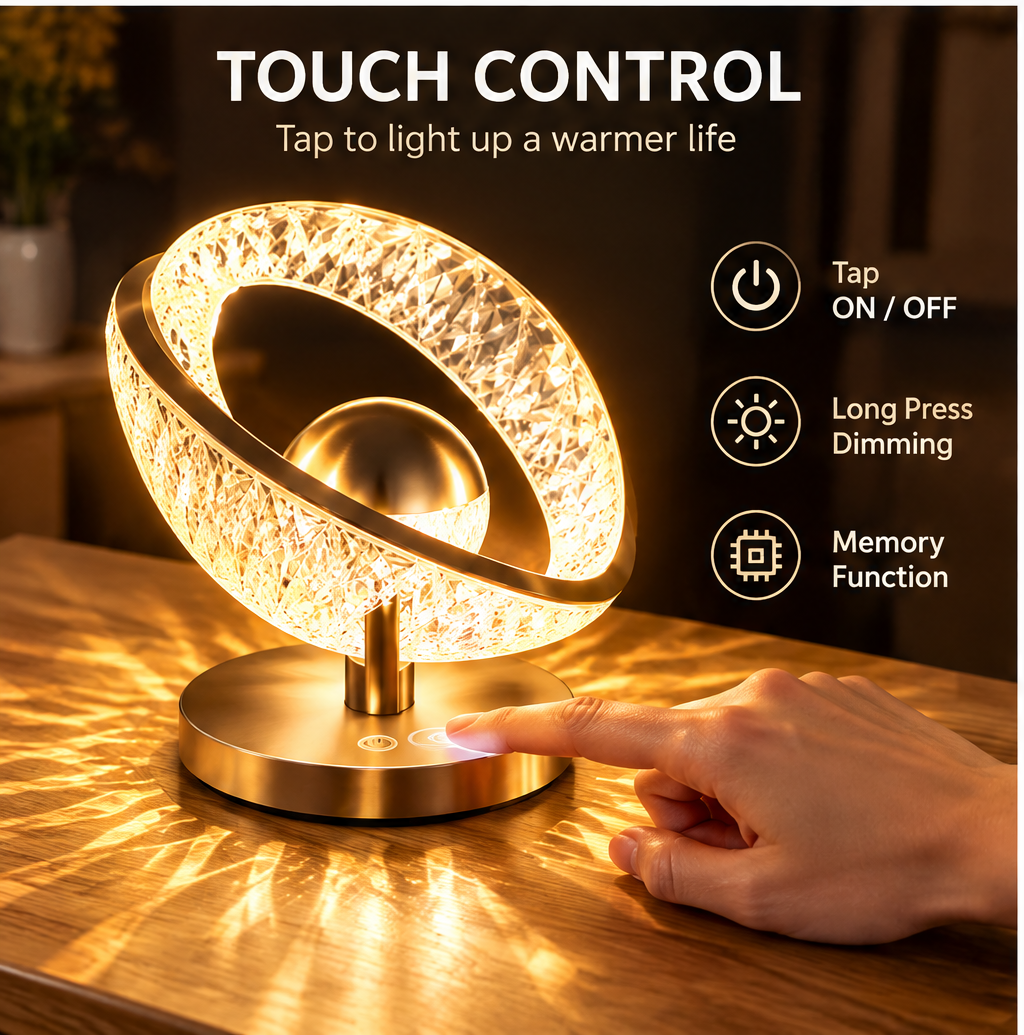Crystal Ring Table Lamp – 360° Rotatable Touch Dimmable Light