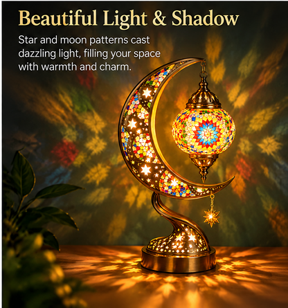 Mosaic Moon Table Lamp – Handcrafted Glass Crescent & Star Lamp