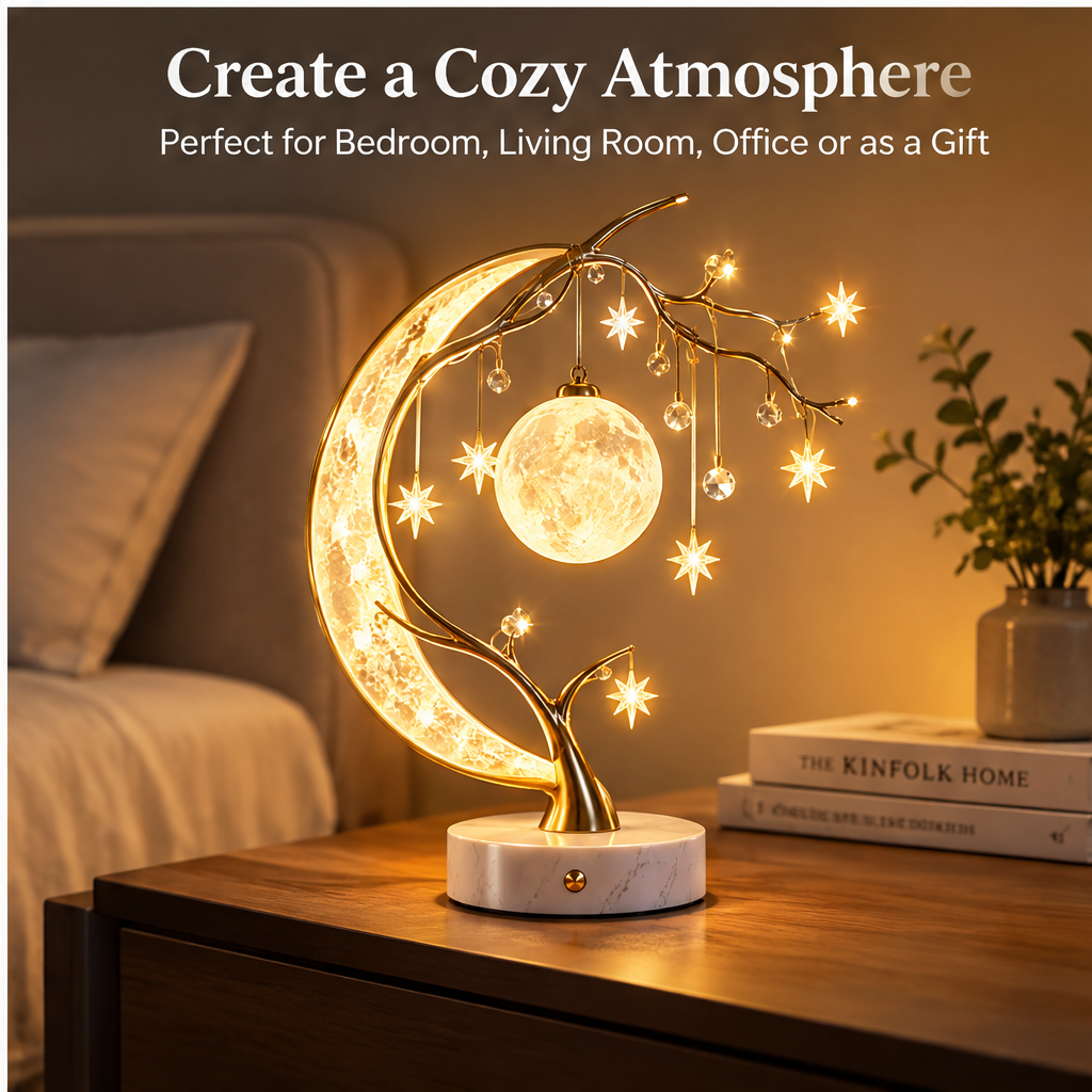 Crescent Moon Tree Lamp – Crystal & Star Decorative Night Light