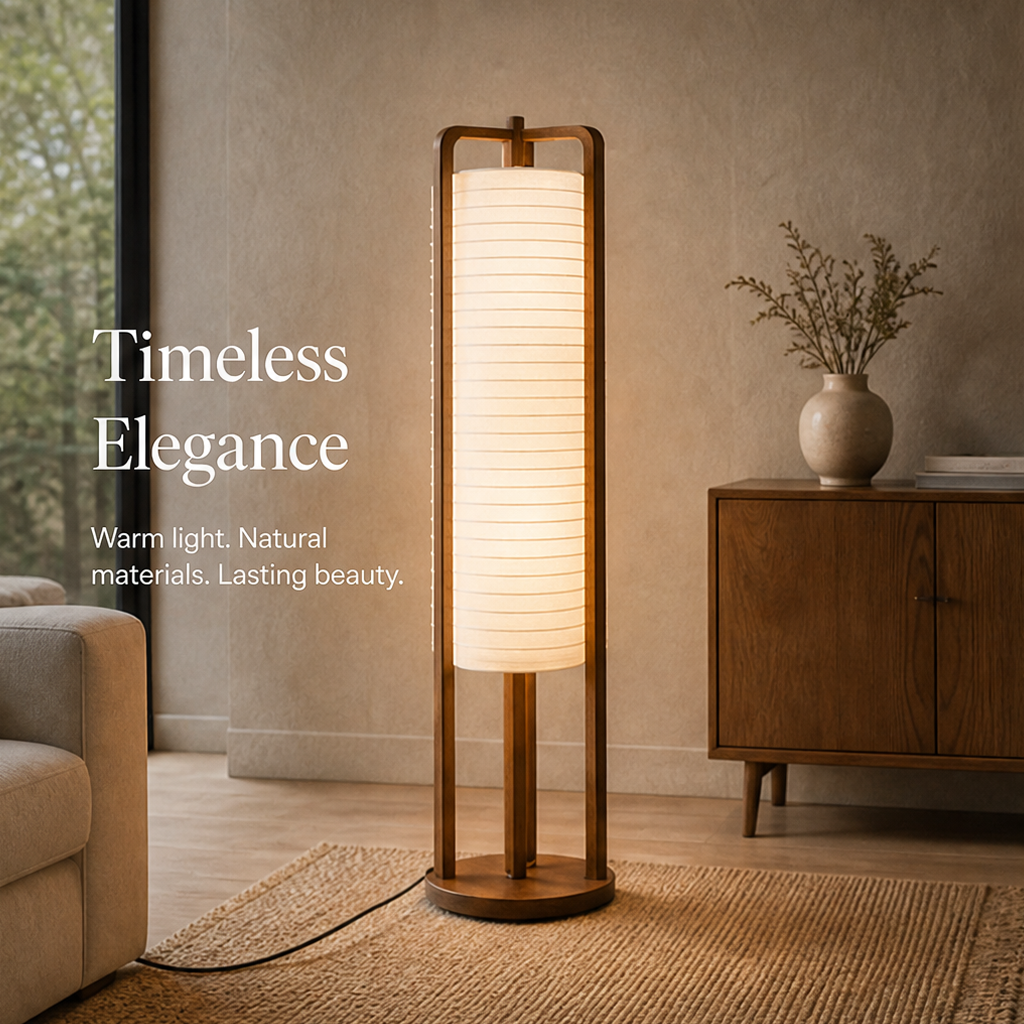 Solid Wood Lantern Floor Lamp – Tall Column Light with Handcrafted Ribbed Shade