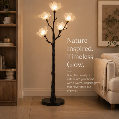 Magnolia Tree Floor Lamp – Sculptural Branch Light with 5 Blooming Flower Shades