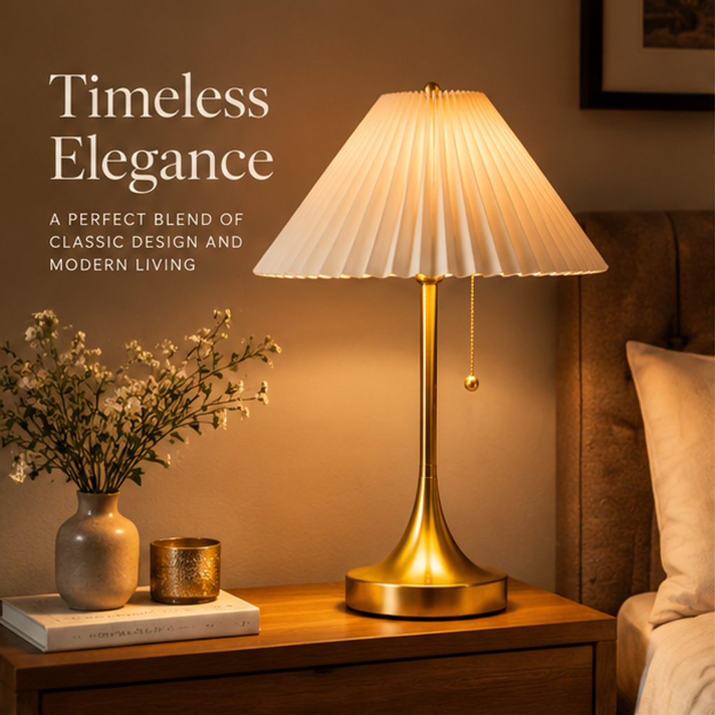 Pleated Shade Table Lamp – Gold Metal Base with Pull Chain, Warm Bedside Light