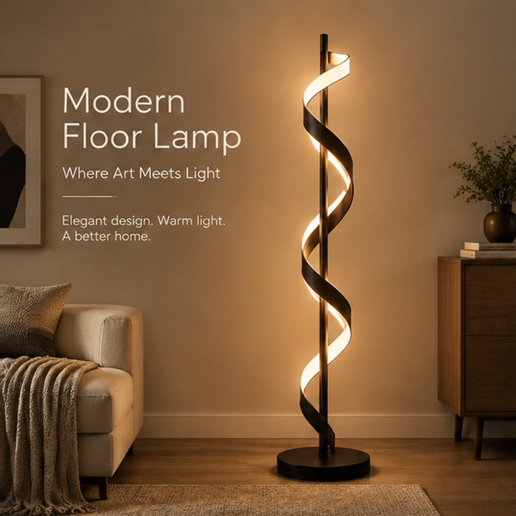 Modern Spiral LED Floor Lamp – Black Metal Ribbon Sculptural Light, Acrylic Shade