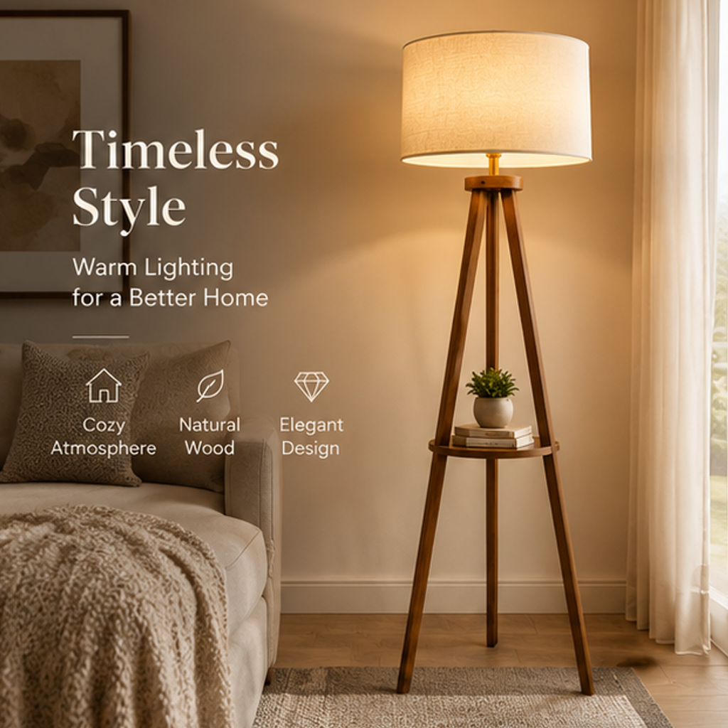 Wooden Tripod Floor Lamp with Shelf – Solid Wood Legs, Linen Drum Shade, Foot Switch