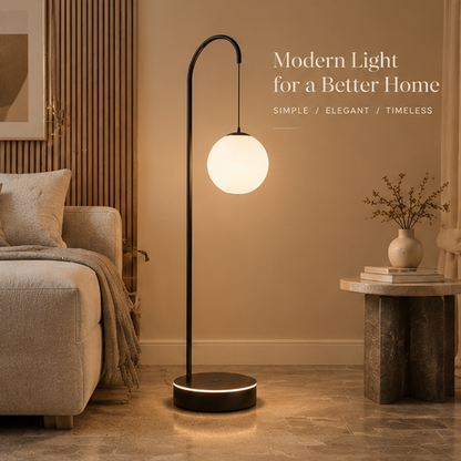 Arched Globe Floor Lamp – Glass Orb Pendant Light with Matte Black Frame & LED Ring Base