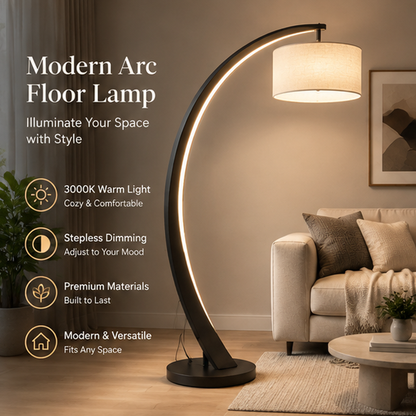Modern Arc Floor Lamp – LED Light Strip Arc with Linen Drum Shade, Stepless Dimming