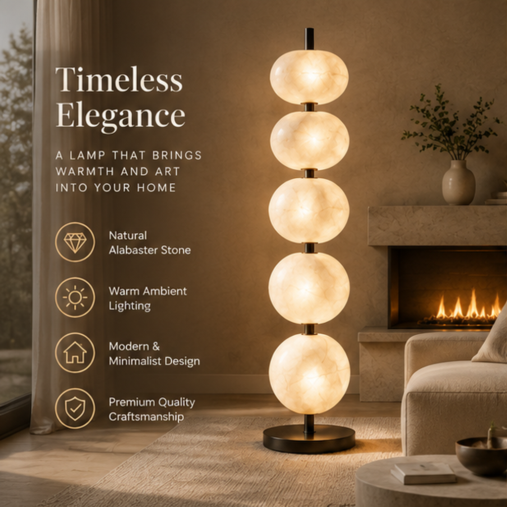 Alabaster Stone Floor Lamp – Stacked Orb Sculptural Light with Black Metal Base
